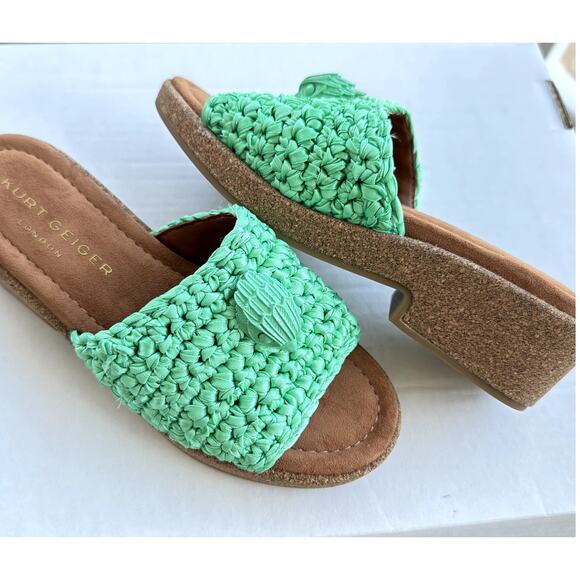 NEW Kurt Geiger Eagle Cork Slide Sandals Aqua Green Woven EU 36.5 US 6 Beachy - Picture 3 of 9